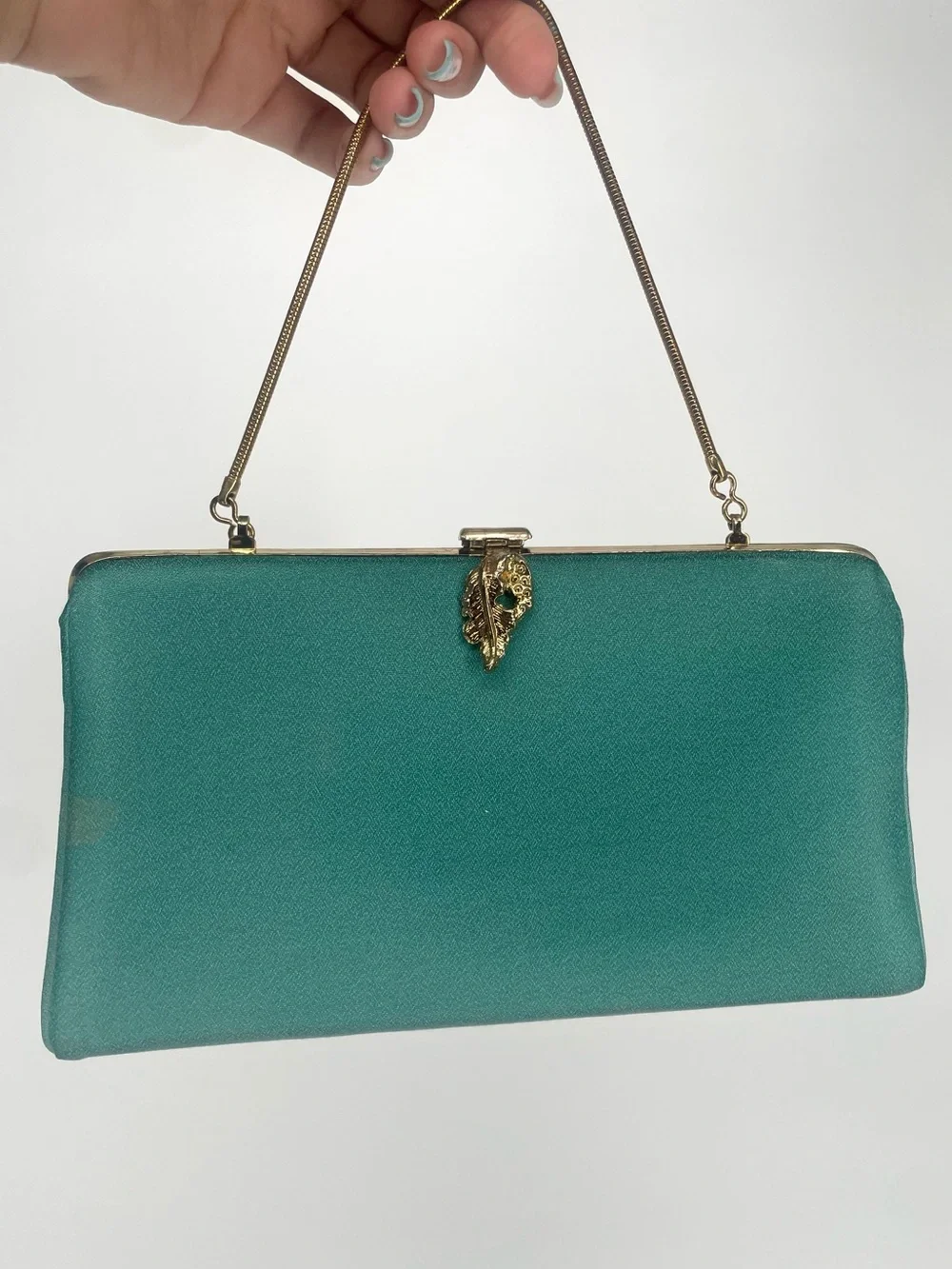 Vintage 50s 60s Turquoise Blue Formal Handbag Gold Leaf Clasp Detail Chain Strap